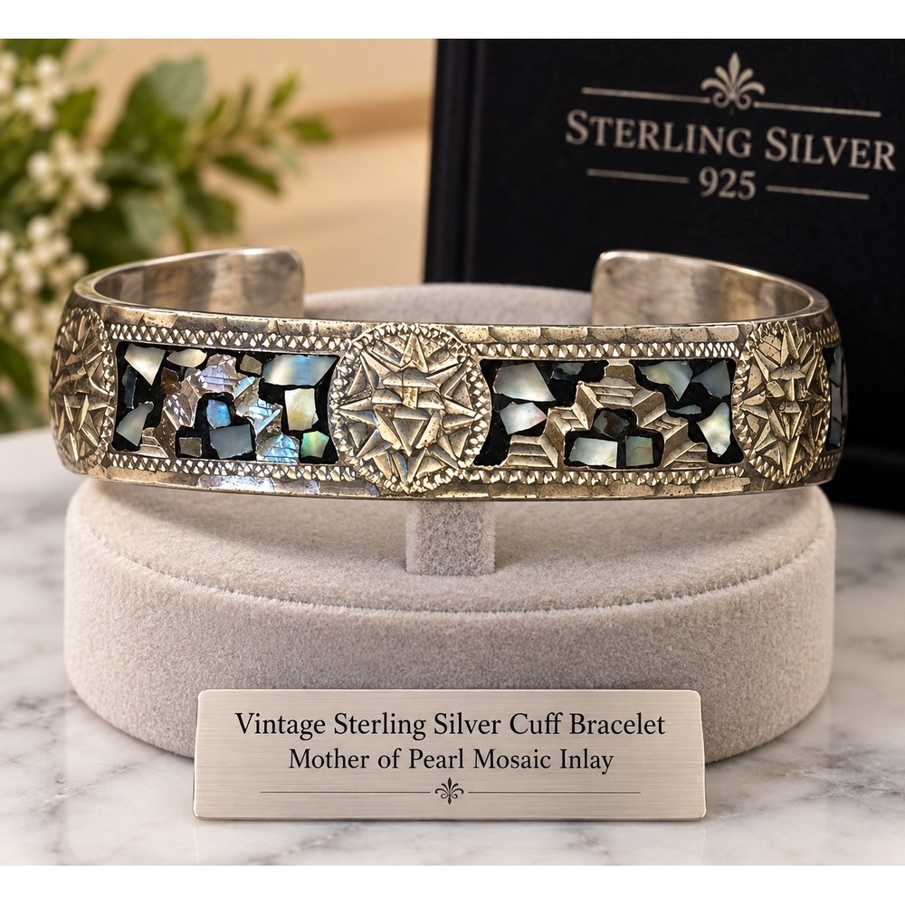 Vintage Running Bear Sterling 925 Mother of Pearl Mosaic Inlay Cuff Bracelet